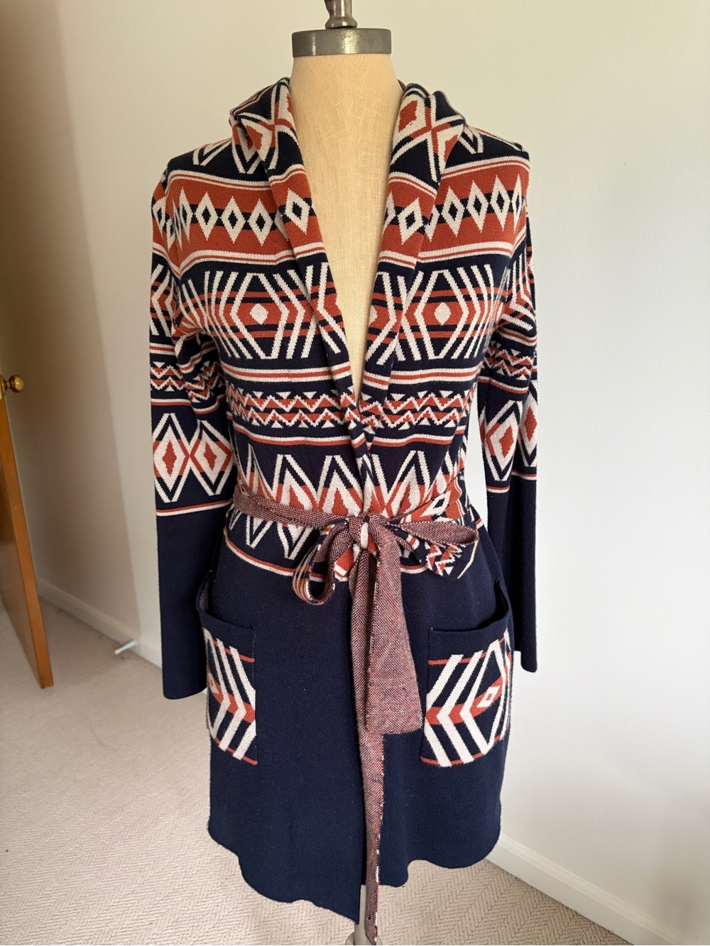 RACHEL ZOE Women's Navy & Rust Patterned Belted Cardigan Sweater
